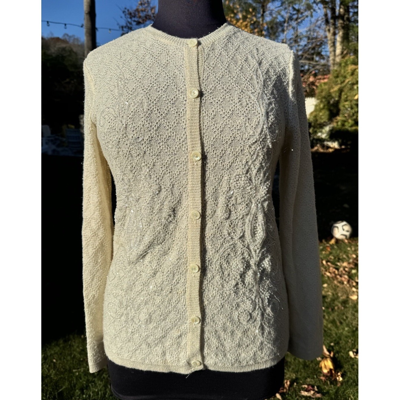 Alfred Dinner Cream Colored Cardigan S/M With Bead Embellishments Button Down